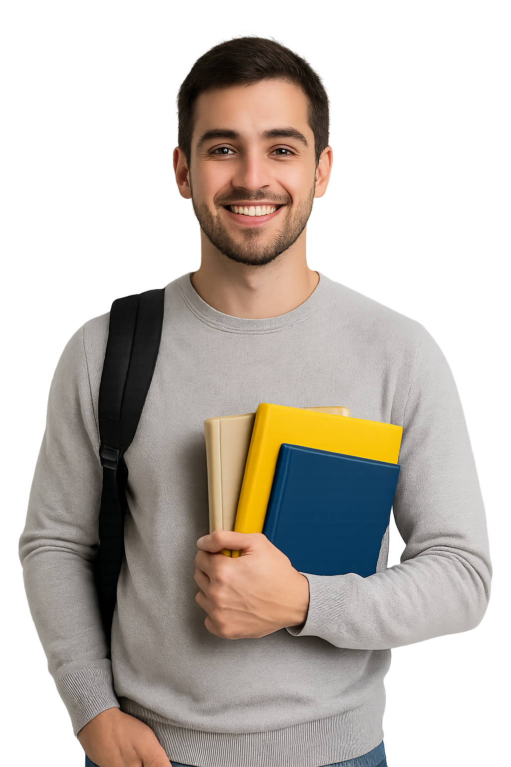 Smiling male student with books in hand and backpack