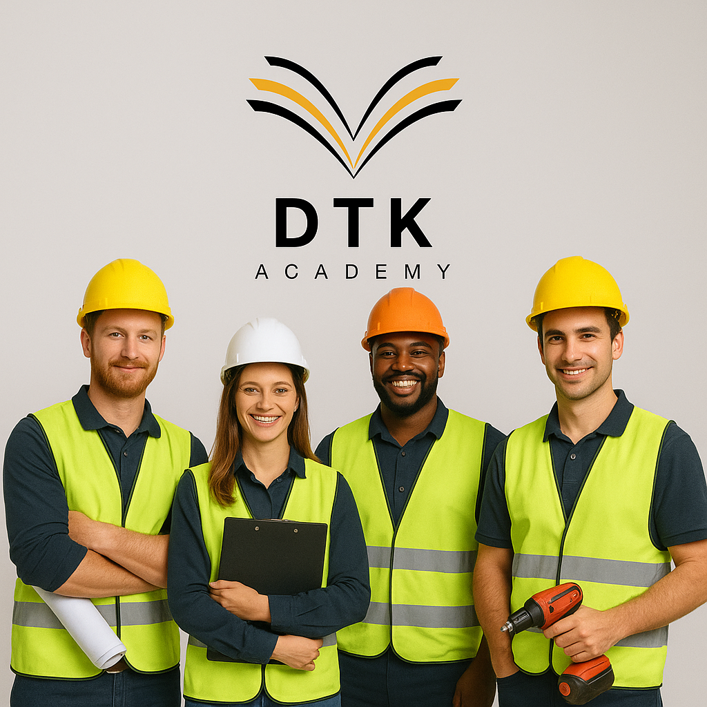 Smiling workers in safety vests and hard hats under DTK Academy branding